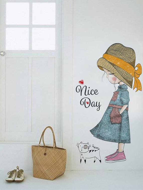 Rawpockets Wall Decals ' Girl and Cat Nice Day ' Wall stickers (PVC Vinyl) Multicolour - 15734098 - Zoom Image - 3