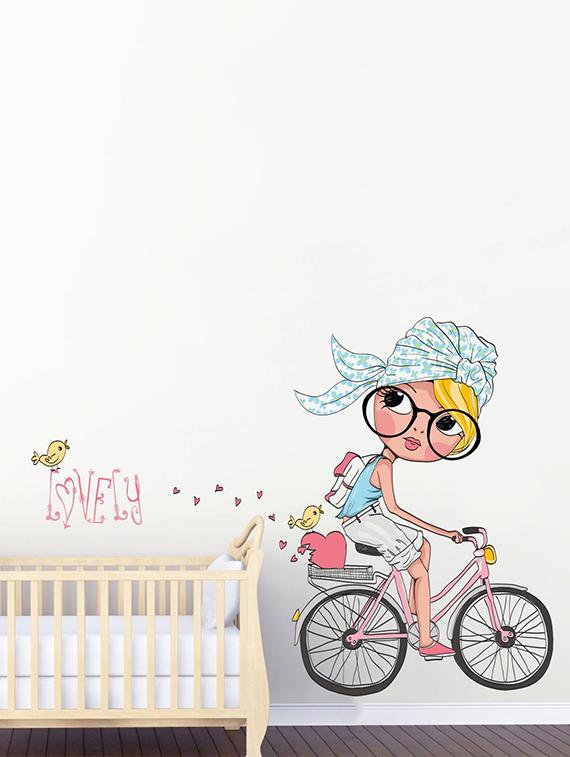Rawpockets Wall Decals ' Girl on a Cycle and Love Birds ' Wall stickers (PVC Vinyl) Multicolour - 15734099 - Zoom Image - 3