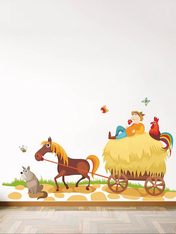 Rawpockets Wall Decals ' Farmer Riding Horse Cart ' Wall stickers (PVC Vinyl) Multicolour - 15734123 - Zoom Image - 3