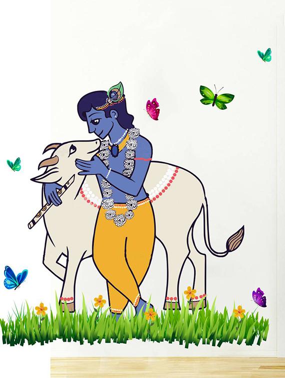 Rawpockets Wall Decals ' Lord Krishna and Cow Nature ' Wall stickers (PVC Vinyl) Multicolour - 15734133 - Zoom Image - 3