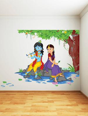 Rawpockets Wall Decals ' Lord Krishna Playing Flute with Radha on River Bed ' Wall stickers (PVC Vinyl) Multicolour - 15734135 - Standard Image - 3