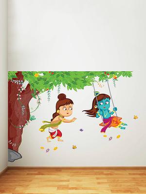 Rawpockets Wall Decals ' Lord Krishna Playing Swing under Tree ' Wall stickers (PVC Vinyl) Multicolour - 15734136 - Standard Image - 3