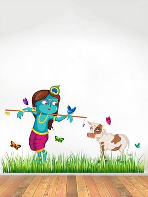 Rawpockets Wall Decals ' Lord Krishna Cow Grass Butterfly Story ' Wall stickers (PVC Vinyl) Multicolour - 15734146 - Standard Image - 3
