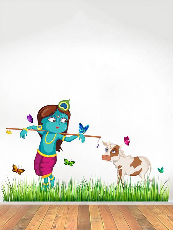 Rawpockets Wall Decals ' Lord Krishna Cow Grass Butterfly Story ' Wall stickers (PVC Vinyl) Multicolour - 15734146 - Zoom Image - 3