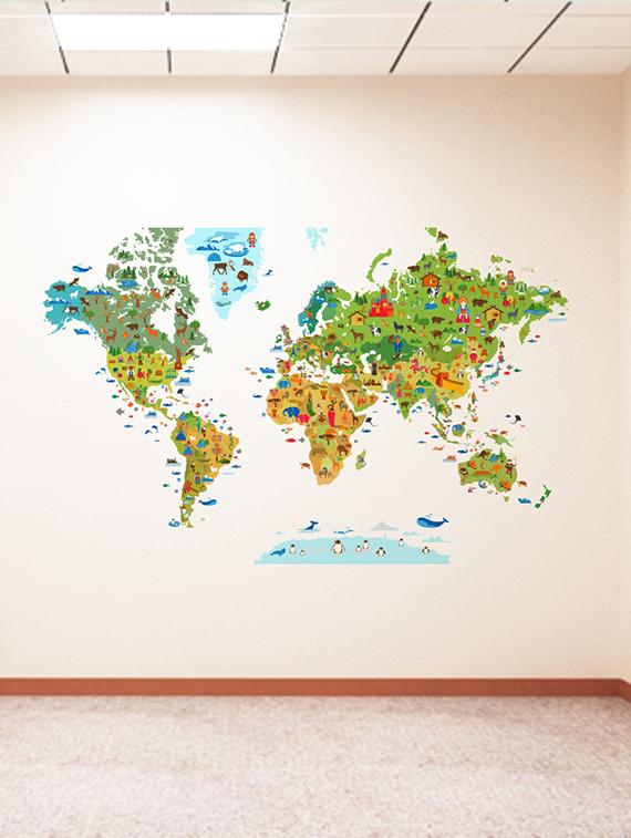 Rawpockets Wall Decals ' World Map With Animals ' Wall stickers (PVC Vinyl) Multicolour - 15734152 - Zoom Image - 3