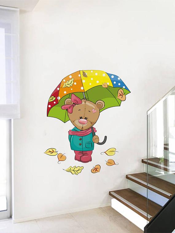 Rawpockets Wall Decals ' Bear with Umbrella Snow effect - Kids Room ' Wall stickers (PVC Vinyl) Multicolour - 15734181 - Zoom Image - 3