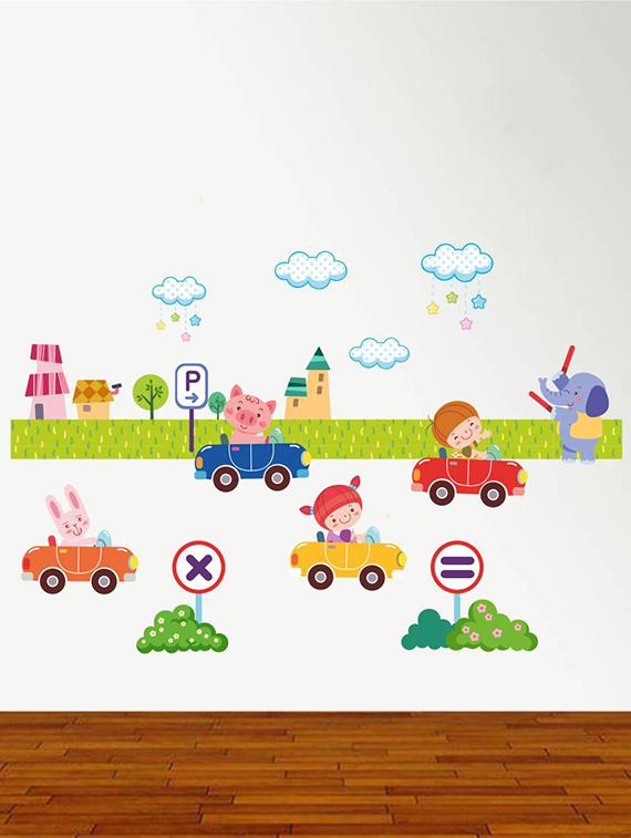 Rawpockets Wall Decals ' Animals and Kids Car Parking ' Wall stickers (PVC Vinyl) Multicolour - 15734192 - Zoom Image - 3