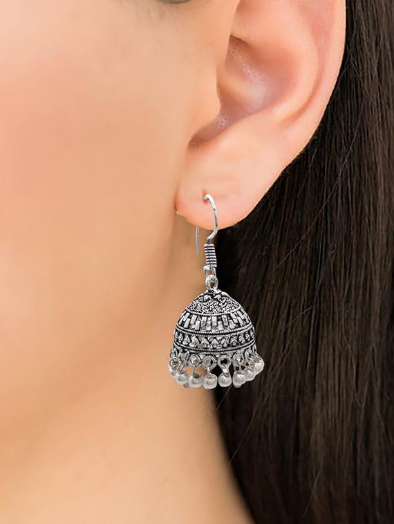 silver metal jhumka earring - 15735184 - Zoom Image - 3
