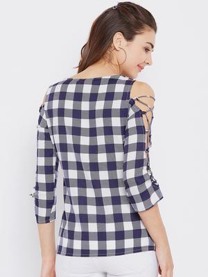 criss cross lace up sleeved checkered top - 15735860 - Standard Image - 3