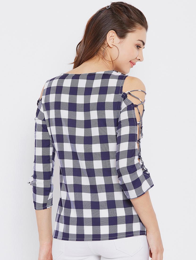 criss cross lace up sleeved checkered top - 15735860 - Zoom Image - 3