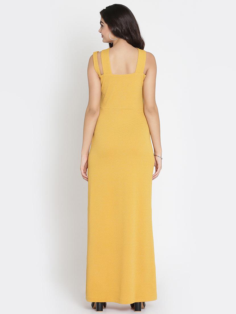 mustard x-neck high slit dress - 15736794 - Zoom Image - 3