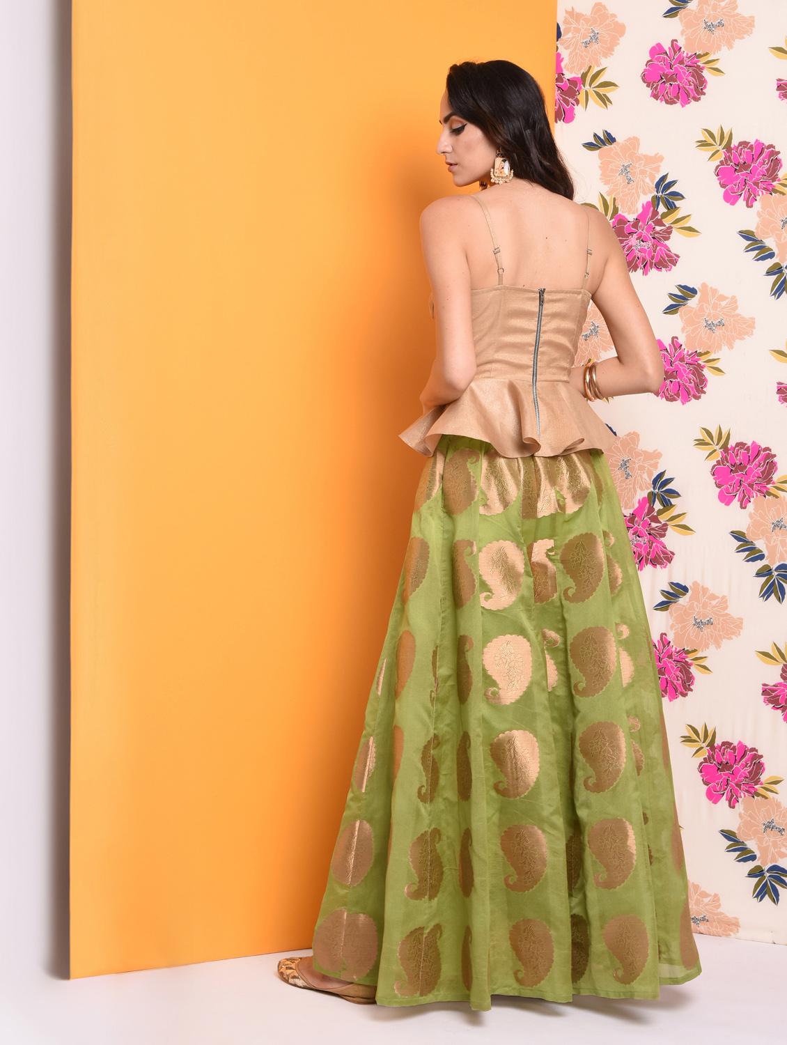 Chanderi peplum top with self-design flared palazzo set - 15741205 - Zoom Image - 3