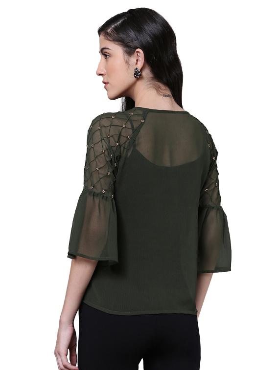 tie-up neck embellished sheer top - 15756915 - Zoom Image - 3