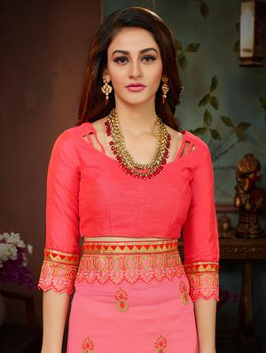 embroidered pink saree with blouse - 15758240 - Standard Image - 3
