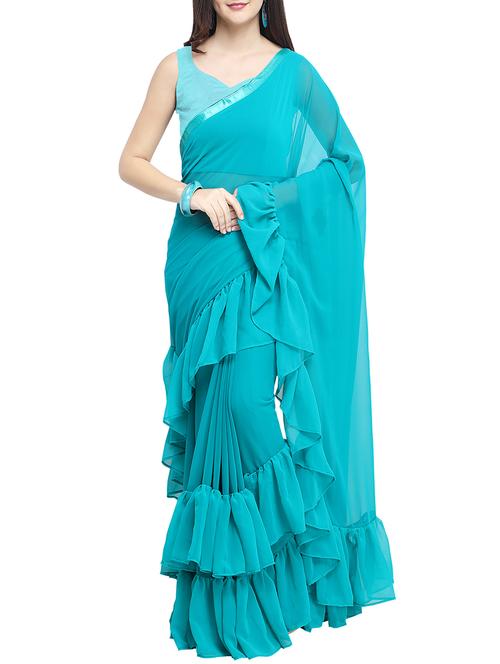Ruffled border solid saree with blouse - 15763407 - Standard Image - 1