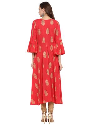 Foil print bell sleeves a-line kurta - 15772327 - Standard Image - 3