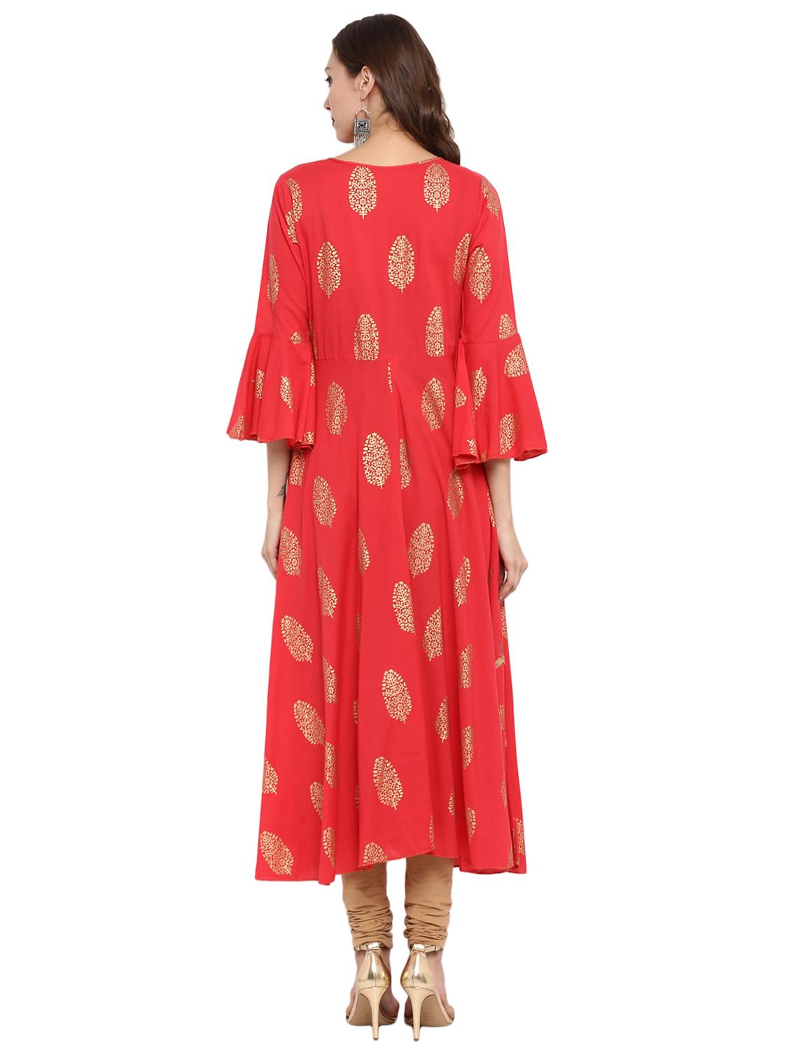 Foil print bell sleeves a-line kurta - 15772327 - Zoom Image - 3