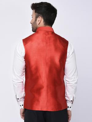 red silk nehru jacket - 15782265 - Standard Image - 3