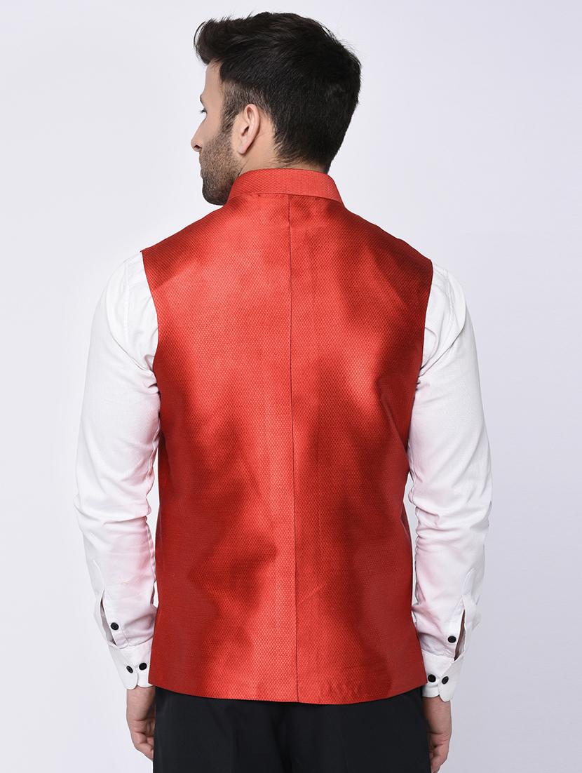 red silk nehru jacket - 15782265 - Zoom Image - 3