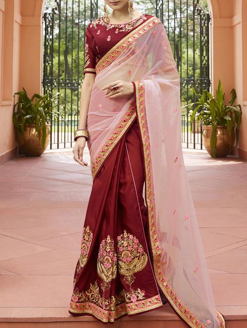 half and half floral embroidered saree with blouse - 15793685 - Very Small Image - 1