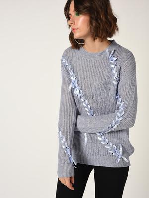 dropped shoulder lace up detail pullover - 15800287 - Standard Image - 3