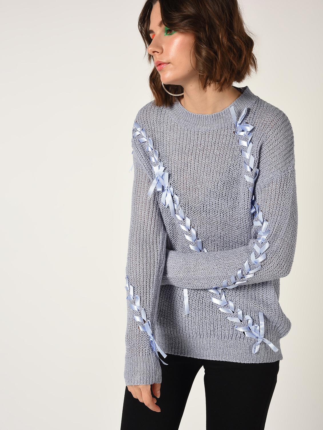dropped shoulder lace up detail pullover - 15800287 - Zoom Image - 3
