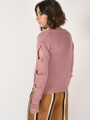 pearl embellished cut out sleeved top - 15801661 - Standard Image - 3