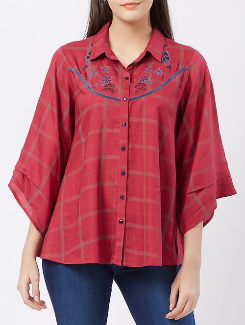 embroidered checkered flared sleeved shirt - 15805889 - Standard Image - 1
