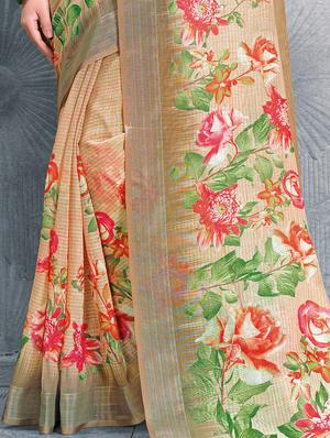 digital floral printed linen saree with blouse - 15817384 - Standard Image - 3