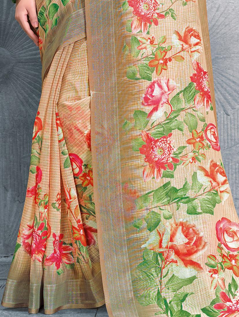 digital floral printed linen saree with blouse - 15817384 - Zoom Image - 3