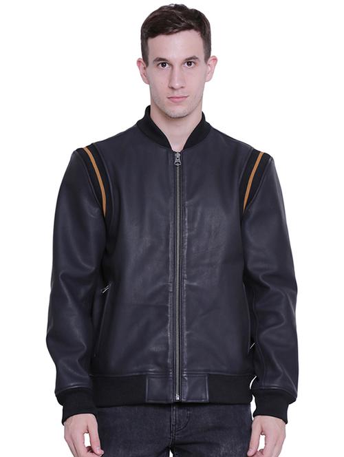 blue solid 100% leather jacket - 15817470 - Standard Image - 1