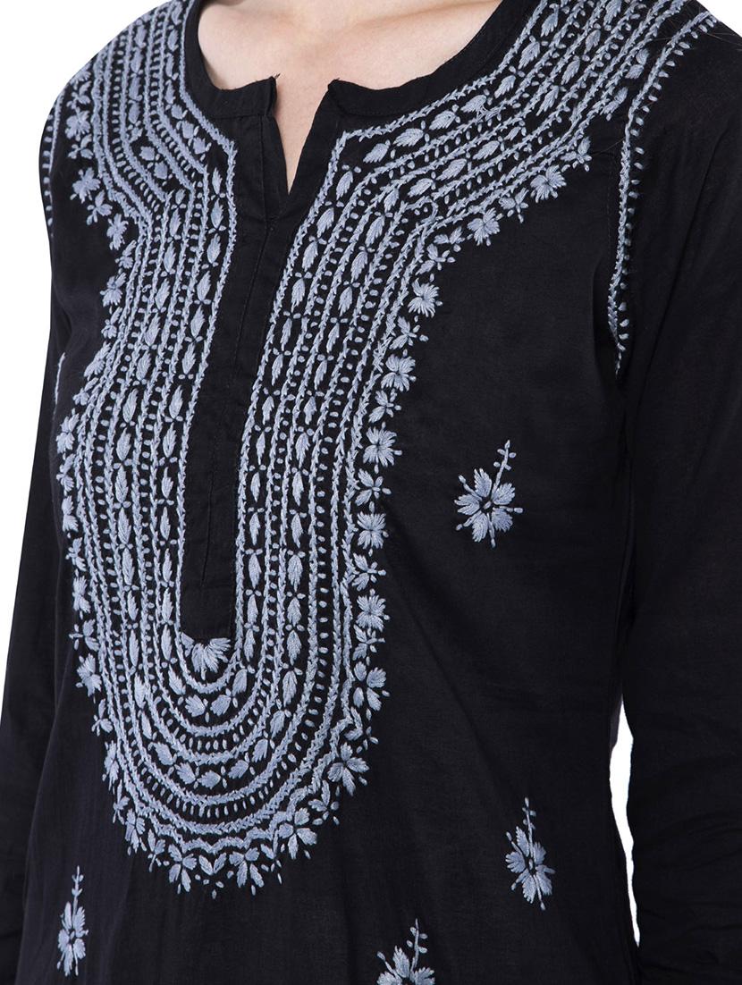 black cotton straight kurta - 15821383 - Zoom Image - 3