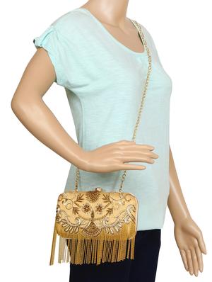 gold cotton polyester blend minaudiere clutch - 15822447 - Standard Image - 6