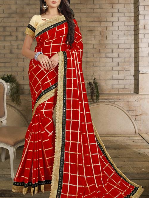 mirror lace border checkered red saree with blouse - 15835989 - Standard Image - 1