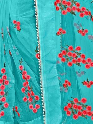 pearl border floral turquoise embroidered saree with blouse - 15838645 - Standard Image - 3