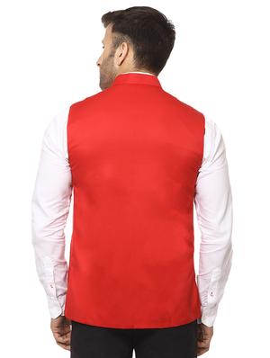 red mandarin neck nehru jacket - 15840484 - Standard Image - 3