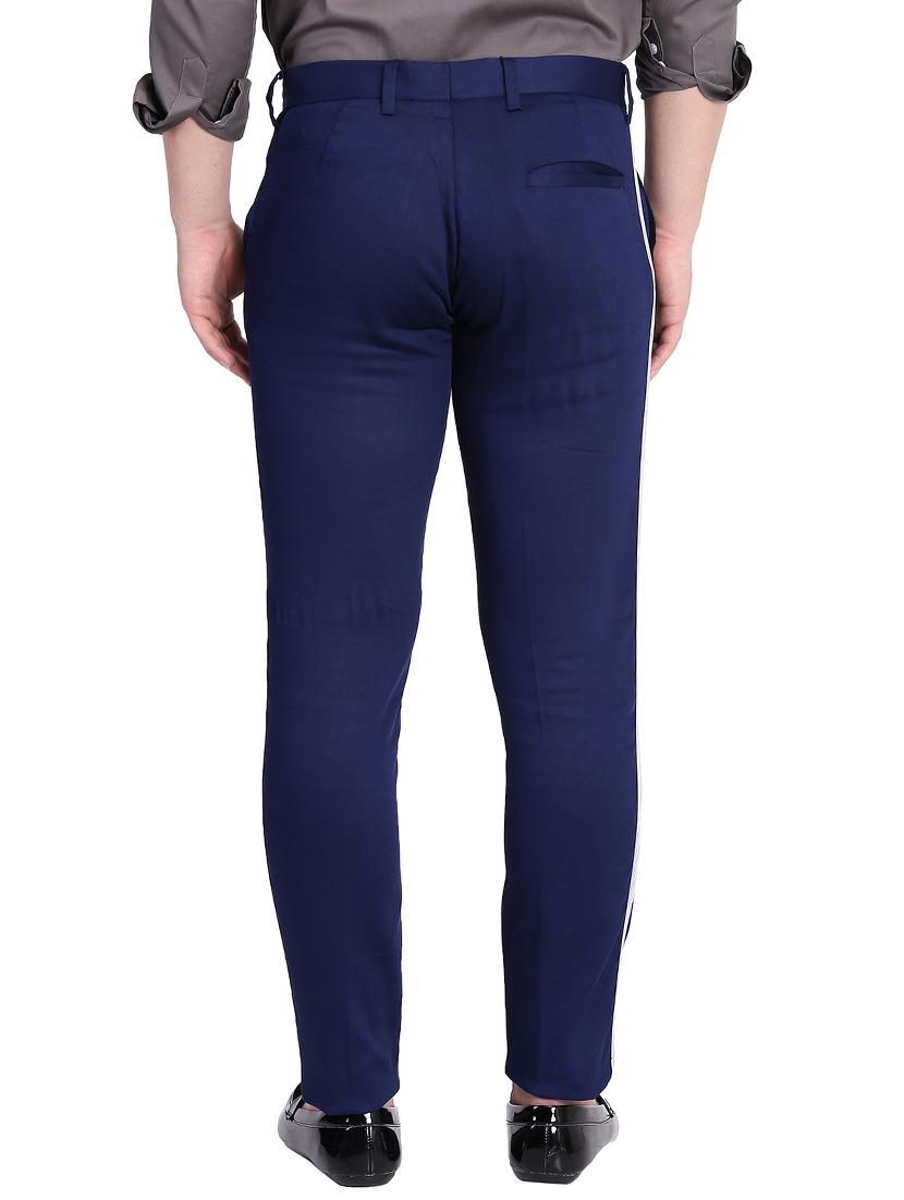 navy blue cotton flat front casual trousers - 15845308 - Zoom Image - 3