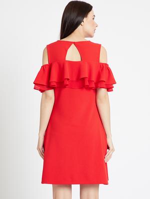 hot red ruffled cold shoulder dress - 15853258 - Standard Image - 3