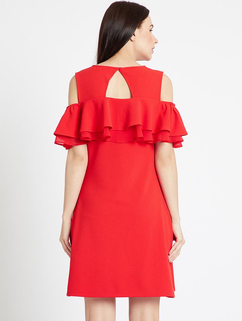 hot red ruffled cold shoulder dress - 15853258 - Zoom Image - 3