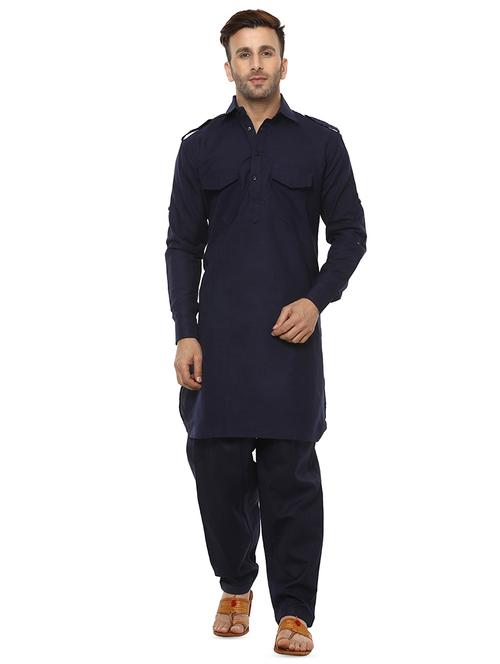 navy blue solid pathani set - 15867353 - Standard Image - 1