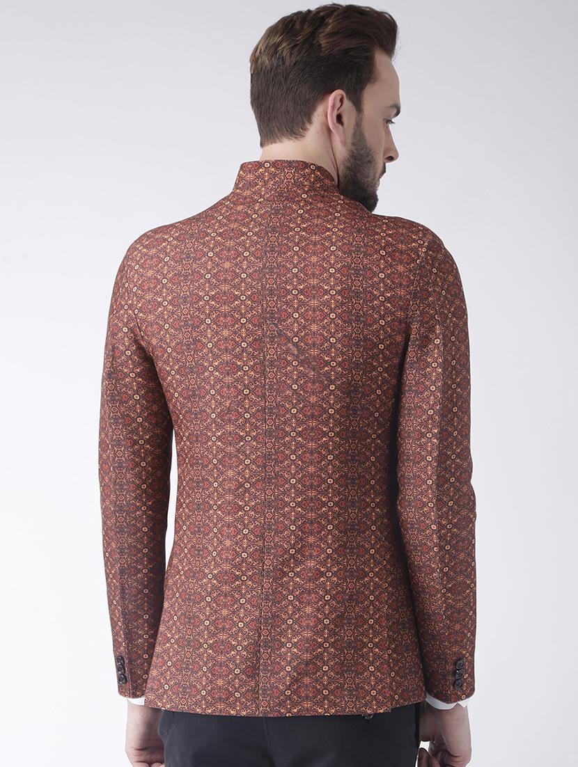 brown polyester single breasted bandhgala blazer - 15867774 - Zoom Image - 3