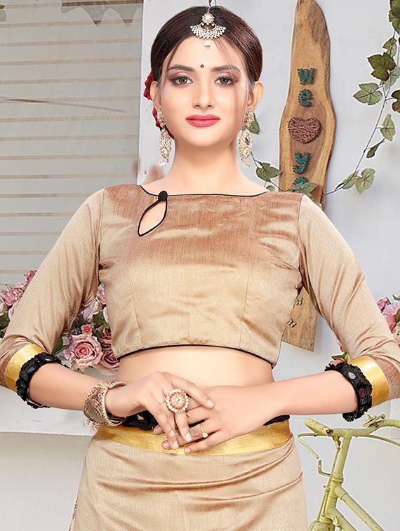 ruffle pallu beige fusion saree with blouse - 15875581 - Zoom Image - 3
