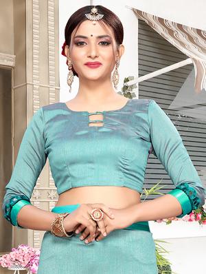 ruffle pallu turquoise fusion saree with blouse - 15875583 - Standard Image - 3