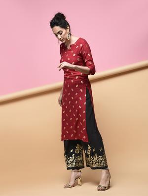 foil printed kurta with palazzo set - 15876551 - Standard Image - 3