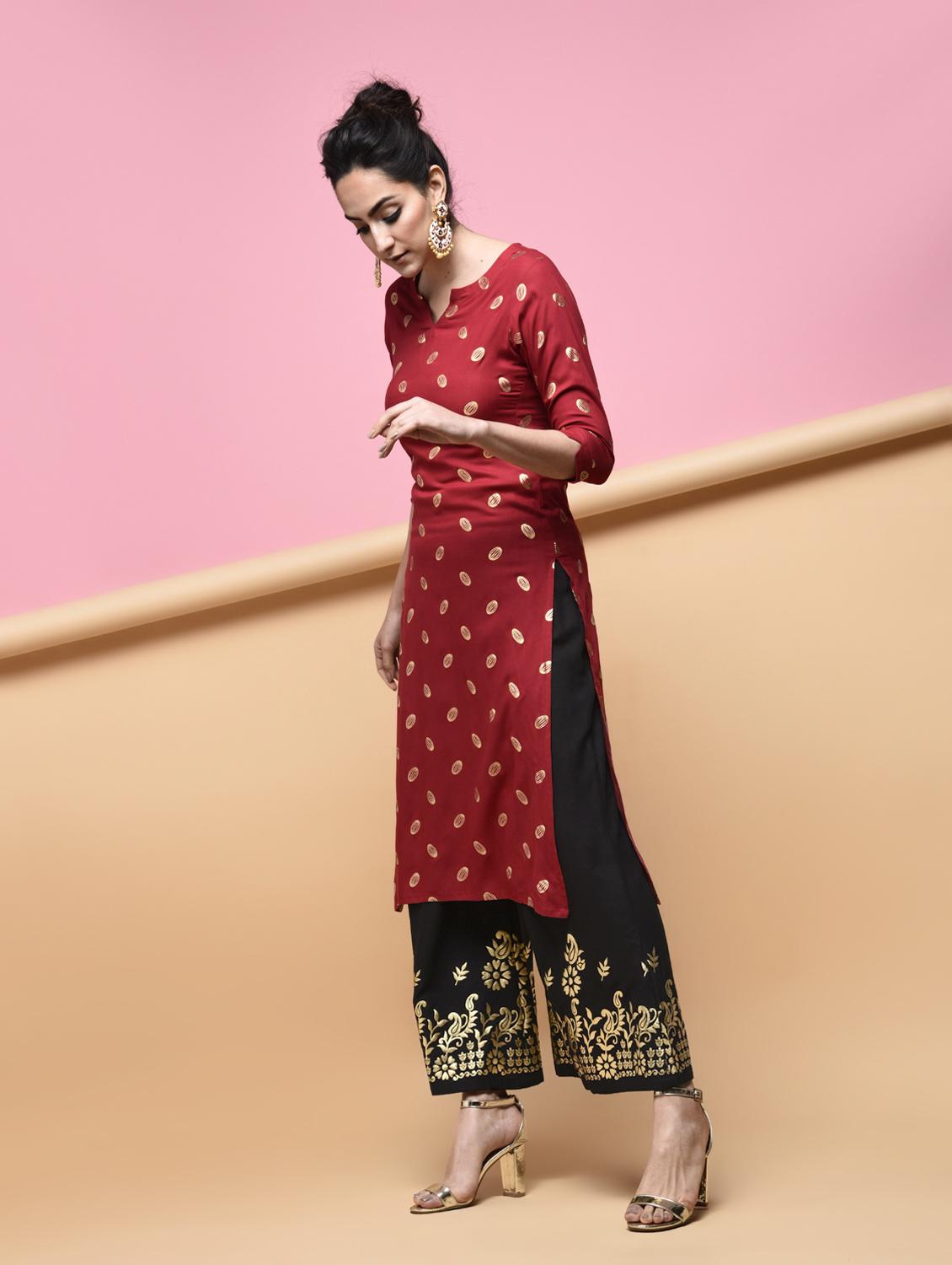 foil printed kurta with palazzo set - 15876551 - Zoom Image - 3