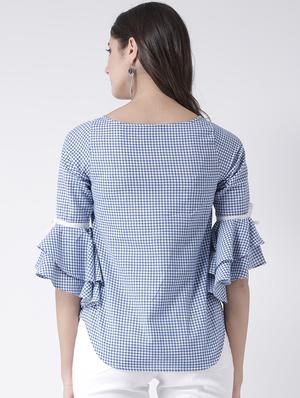 checkered bow detail bell sleeved top - 15879506 - Standard Image - 3