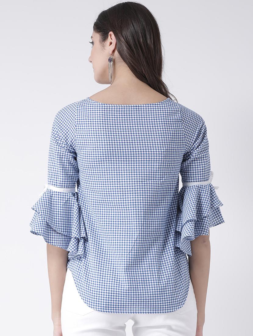 checkered bow detail bell sleeved top - 15879506 - Zoom Image - 3