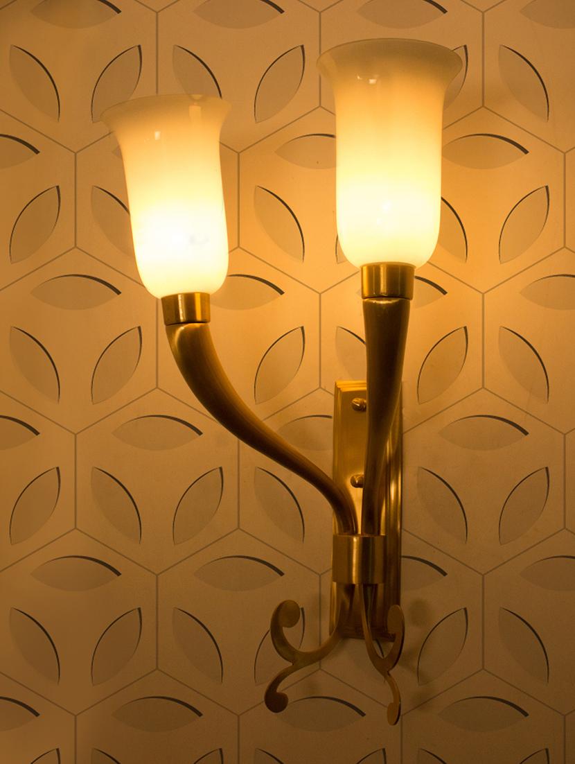Fluted Horn Cast Brass with White Shades Double Wall Sconce - 15882750 - Zoom Image - 3
