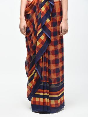 checkered printed saree with blouse - 15890434 - Standard Image - 3