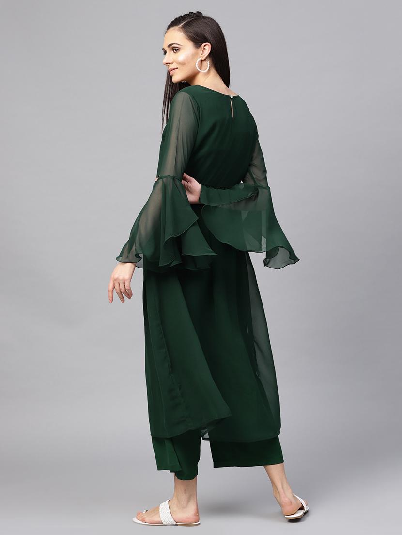 Embroidered bell sleeved kurta with palazzo set - 15891776 - Zoom Image - 3